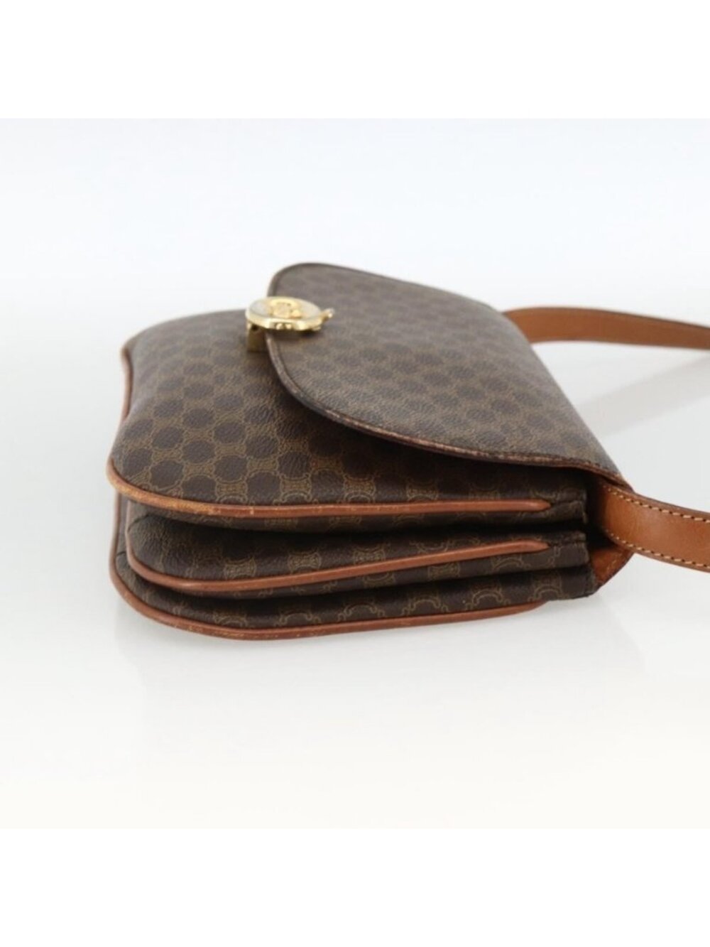 Authentic CELINE Macadam Canvas Shoulder Bag PVC Leather Brown Gold - Picture 11 of 16